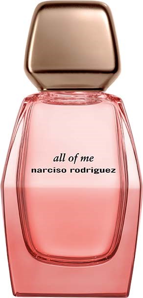 Een roze parfumfles met een gouden dop, gelabeld 'all of me' door Narciso Rodriguez.