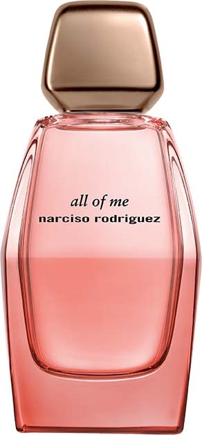 Een parfumfles met roze vloeistof, gouden dop, labeled 'all of me' door Narciso Rodriguez.