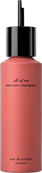 Een roze parfumfles met zwarte dop en verstuiver, gelabeld 'all of me' door Narciso Rodriguez.