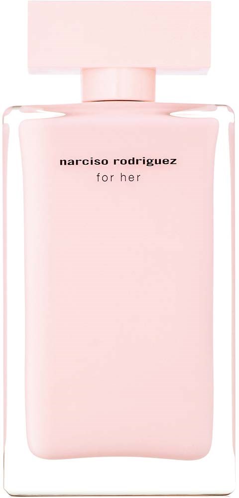 Een lichtroze parfumfles met rechthoekige vorm en bijpassende deksel. Tekst leest "narciso rodriguez for her."