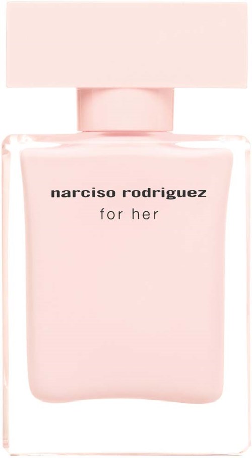 Een roze parfumfles met het label 'narciso rodriguez for her'. Elegant en simpel ontwerp. Heeft een bijpassende roze dop.
