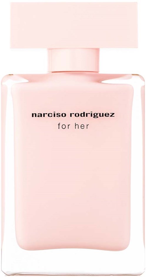 Een lichtroze parfumfles met rechthoekige vorm en een bijpassende roze dop. Het label zegt "narciso rodriguez for her."