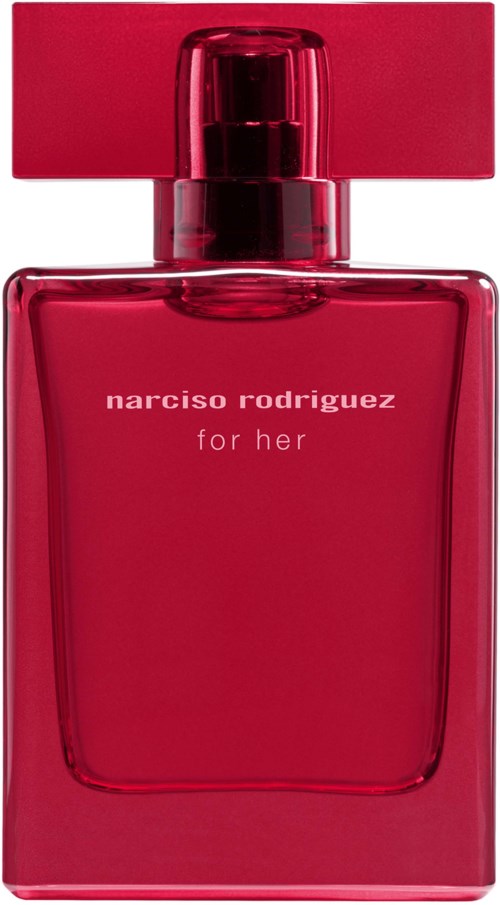 Een helderrode parfumfles met rechthoekige vorm en een brede, platte dop. Het label zegt Narisco Rodriguez for her.