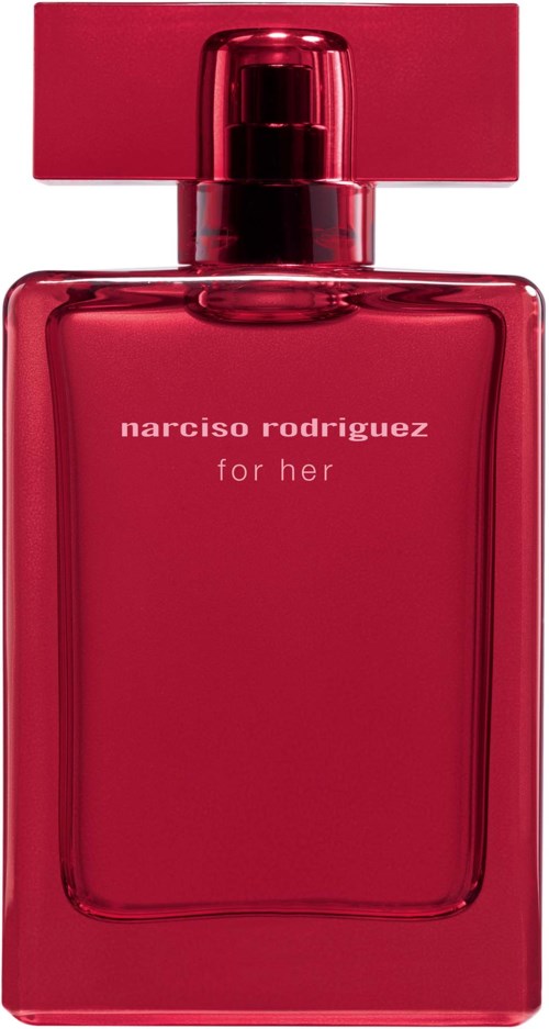 Rode parfumfles met rechthoekige vorm en grote dop. Het label zegt 'narciso rodriguez for her.'