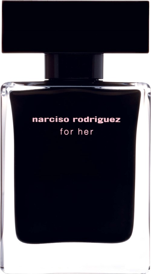 Een parfumbot met een zwart deksel en een donkere fles, met de tekst 'narciso rodriguez for her'.