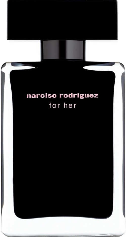 Een parfumfles met label 'narciso rodriguez for her' met zwarte dop en zwart label.