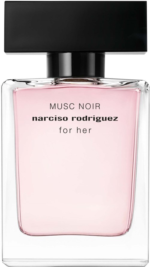 En parfymflaska med svart lock, rosa vätska inuti, märkt 'MUSC NOIR narciso rodriguez for her'.