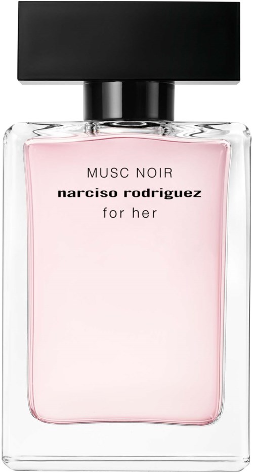Een parfumfles met roze vloeistof, zwarte dop en tekst: MUSC NOIR, narciso rodriguez for her.