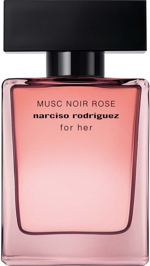 Een roze parfumfles met zwarte dop, genaamd Musc Noir Rose door Narciso Rodriguez, voor vrouwen.