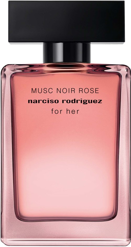 Een roze parfumfles met zwarte dop en etiket, genaamd Musk Noir Rose door Narciso Rodriguez voor haar.