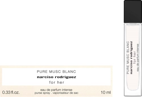 En parfymförpackning och liten flaska märkt 'Pure Musc Blanc' av Narciso Rodriguez för kvinnor, 10 ml.