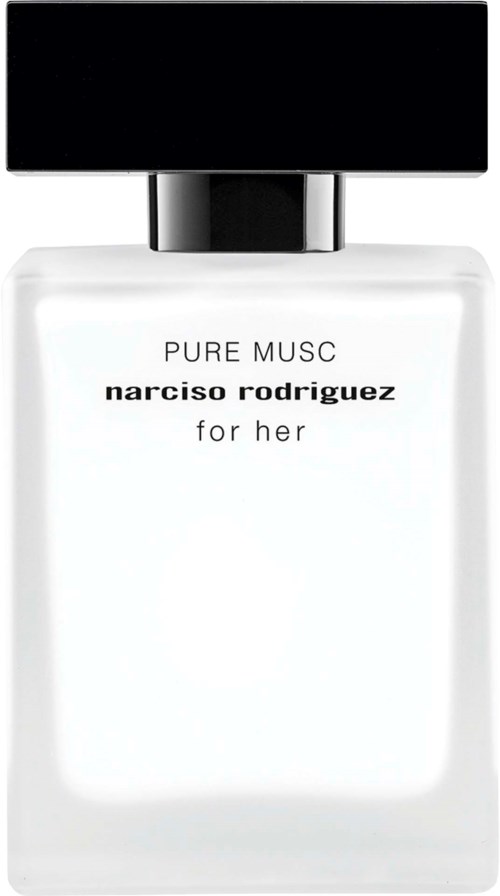 Een witte parfumfles met zwarte dop, gelabeld 'PURE MUSC narciso rodriguez for her.'