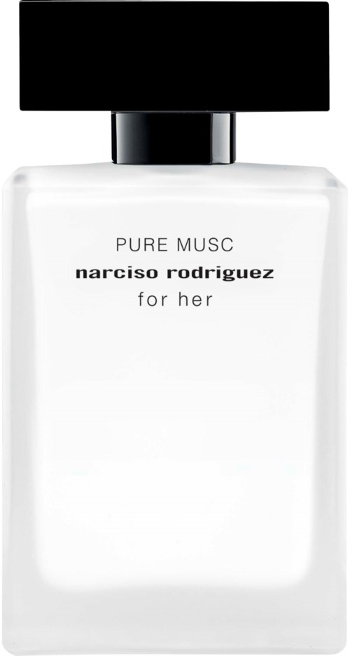 Witte parfumfles met zwarte dop, gemerkt 'PURE MUSC' door Narciso Rodriguez voor haar.