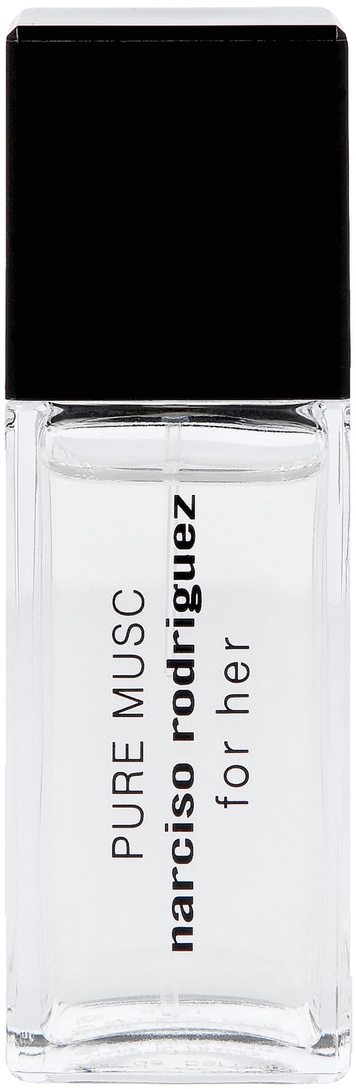 En klar nagellackflaska med svart lock och vit etikett. Etiketten har texten: "PURE MUSC narcisor para quizar for her."