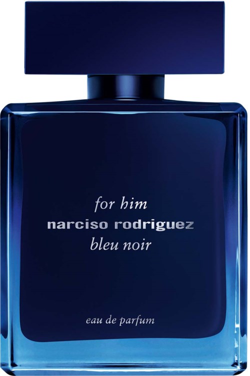 En blå parfymflaska märkt 'for him' av Narciso Rodriguez med enkel, elegant design.