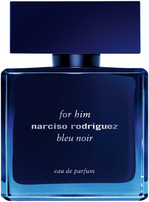 Blauwe parfumfles met zwarte dop, gemarkeerd "for him narciso rodriguez bleu noir eau de parfum."