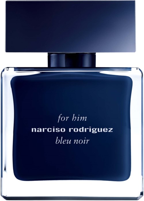 Een donkerblauwe parfumfles met grote rechthoekige dop, voor mannen door Narciso Rodriguez.