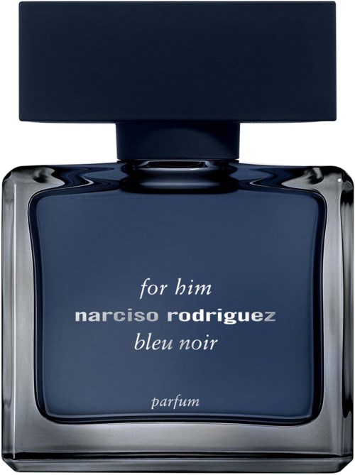 Een donkerblauw parfumfles met een zwarte dop. Het zegt for him, narciso rodriguez, bleu noir, parfum.