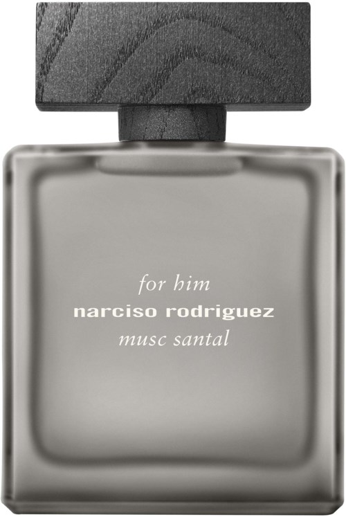 Een parfumfles met 'for him' label van Narciso Rodriguez, Musc Santal geur. Eenvoudig zilver en zwart ontwerp.