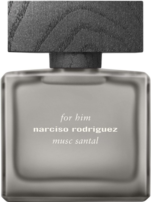 Een lang, rechthoekige parfumfles met een donkere, getextureerde dop gemarkeerd "for him narciso rodriguez musc santal."