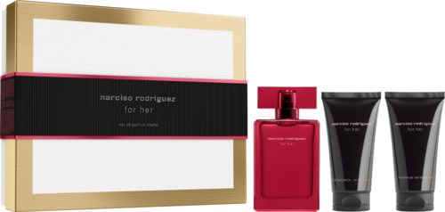 Narciso Rodriguez for her perfume gift set with a gold box, pink perfume bottle, and two black skincare tubes.