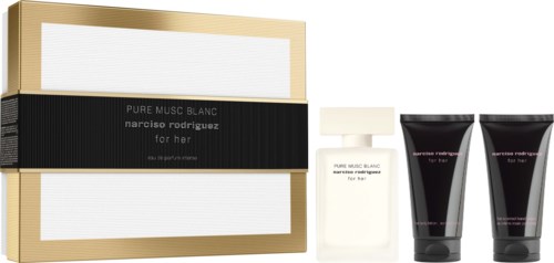 Box with Narciso Rodriguez for her perfume, two black tubes, and a white bottle of perfume.