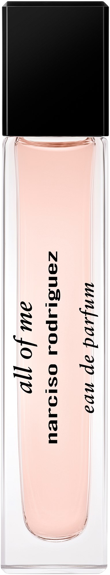 En tydlig parfymflaska med svart lock, märkt 'all of me' av Marcelo Touch Ruiz, klassisk och elegant design.