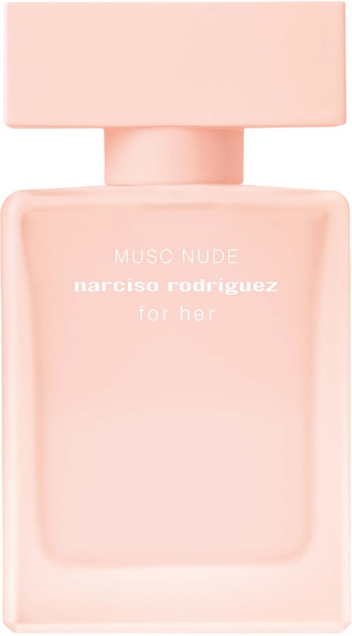 Lichtroze parfumbotol met 'MUSC NUDE narciso rodriguez for her' en rechthoekige dop.