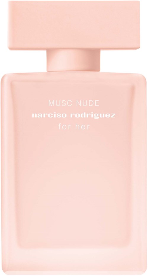 Lichtroze parfumfles met label 'MUSC NUDE' door Narciso Rodriguez voor haar.