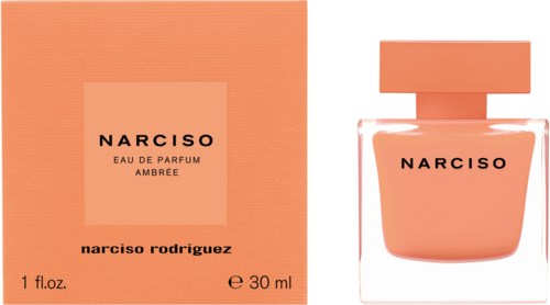 Narciso Rodriguez Ambree parfumfles en doos in zachte perzikkleur.