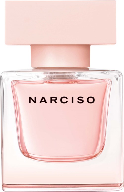 Een Narciso parfumfles met roze vloeistof, heldere glazen fles en grote lichtroze dop.