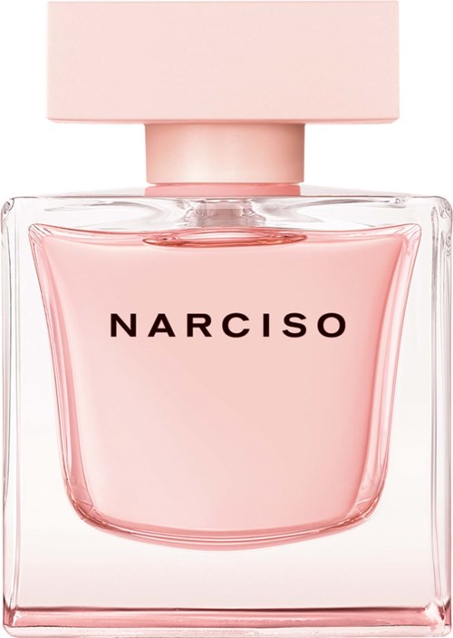 Een roze parfumfles met doorzichtig glas en een grote dop. "NARCISO" staat op de fles.