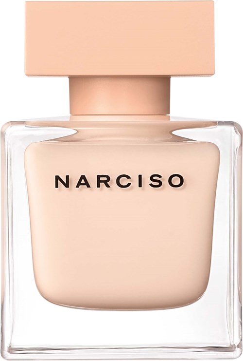 Een parfumfles met een klare vierkante vorm, beige vloeistof en een beige dop. De merknaam 'Narciso' staat erop.