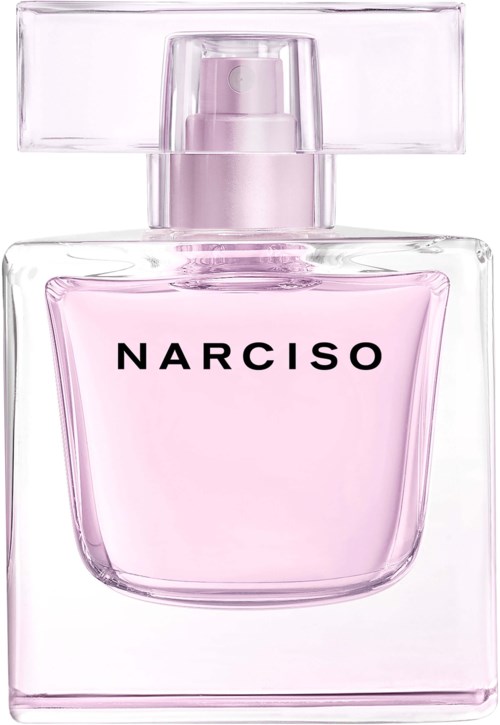 Een roze Narciso parfumfles met vierkante glazen ontwerp en doorzichtige dop.