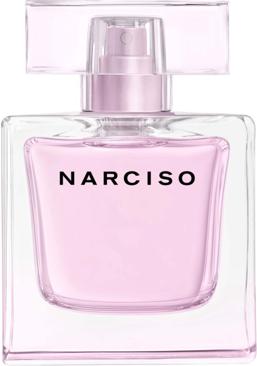 Een parfumfles met roze vloeistof, doorzichtig glas en zwarte tekst "NARCISO."
