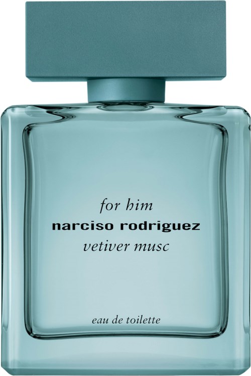 Een parfumfles met een teal kap en helder glas, voor heren, genaamd 'Narciso Rodriguez Vetiver Musc,' eau de toilette.