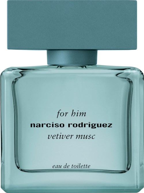 Een parfumfles voor hem, genaamd Narciso Rodriguez, Vetiver Musc, in een lichtblauwe glazen fles met een blauwe dop.