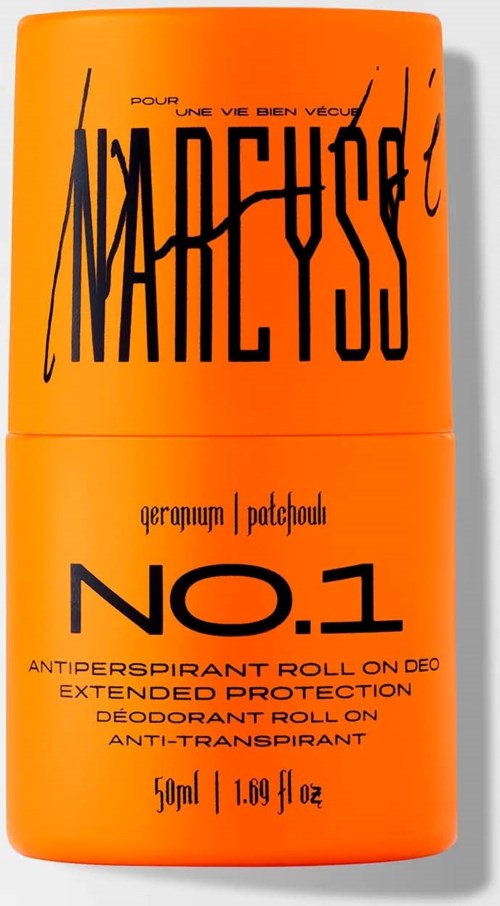 Ein orangefarbener Deodorant-Roll-on mit schwarzem Text und großer Nummer 1. Es erwähnt Antitranspirant-Schutz und erweiterten Duft.