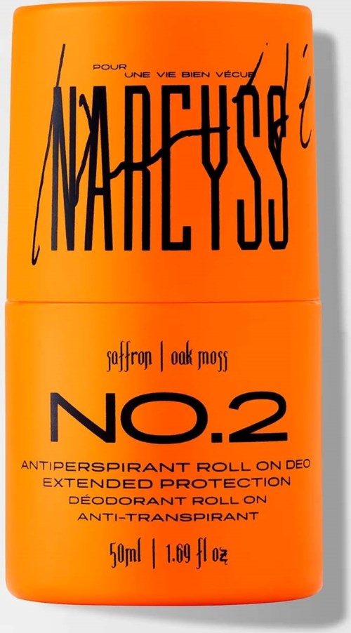 Oranger Roll-on-Deo mit schwarzem Text, Marke und Schutzbeschreibung.