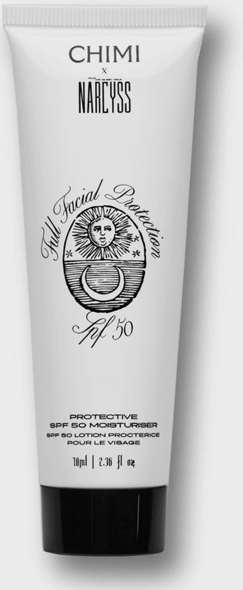 Eine weiße Tube mit Gesichts-Sonnenschutz, schwarzer Deckel, mit Markenname und SPF 50, Sonnen-Gesicht-Design.