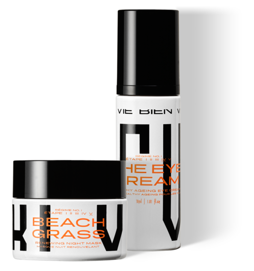 Zwei Hautpflegeprodukte für Augen und Nacht, Marken 'Beach Grass' und 'The Eye Cream'.