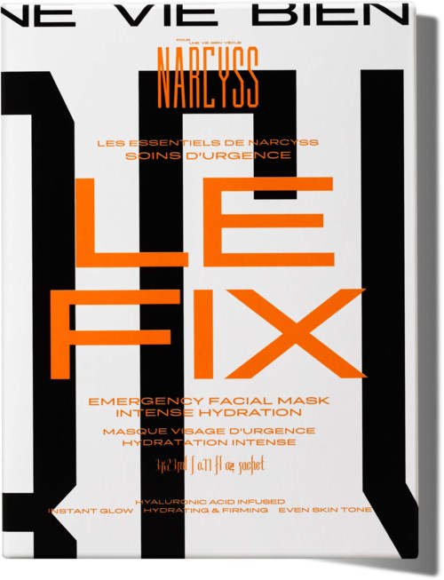 Verpackung für eine Gesichtsmaske namens Le Fix von Narcyss, mit orange- und schwarzfarbenem Text.
