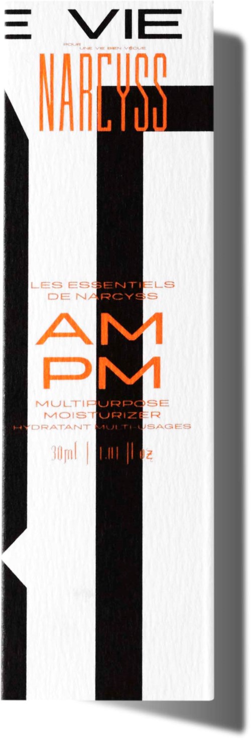 Vertikales Design in Schwarz und Weiß mit orangefarbenem Text, erwähnt 'Narciss' und 'AMP'.