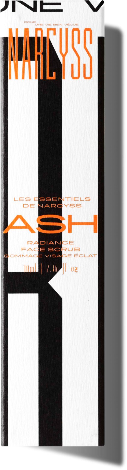 Fette schwarz-weiße Streifen mit orangefarbenem Text, bewirbt eine Tanzaufführung namens 'ASH' von Maryss.