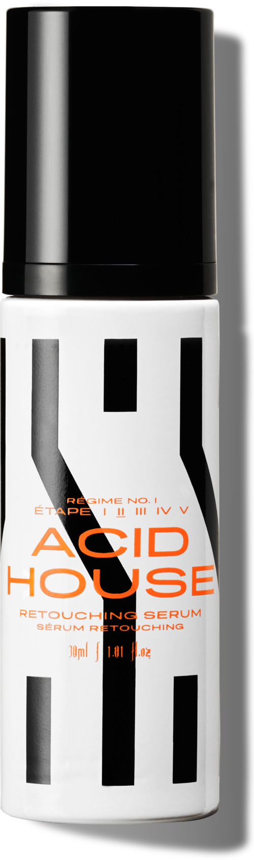 Eine weiße Flasche mit schwarzem Deckel und orangefarbenem Text, beschrieben als Retuschierungssserum. Das Etikett sagt 'ACID HOUSE.'