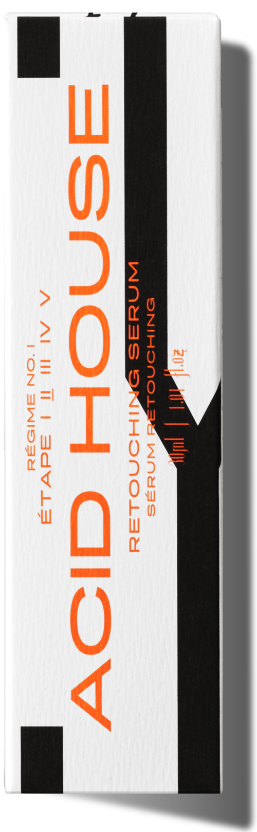 Verpackung des Retinoic Touch Acid House Hautpflegeprodukts mit schwarzer, orange und weißer Verpackung.