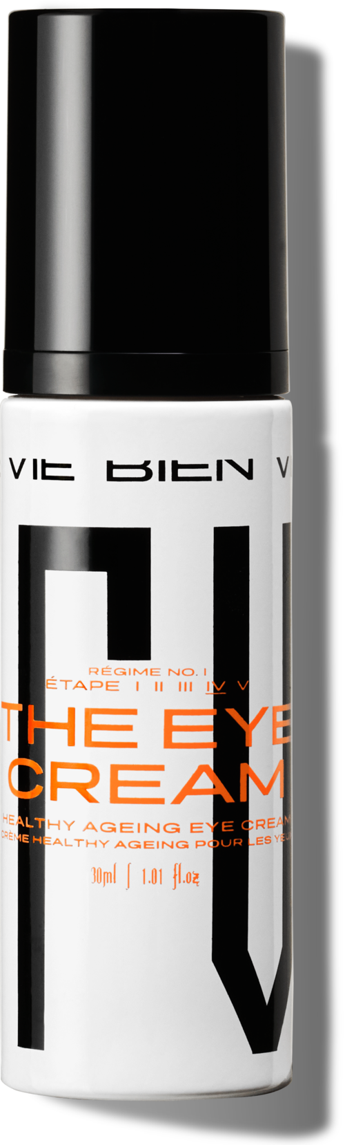 Eine weiße und schwarze Flasche mit orangefarbenem Text, als Augencreme für alternde Haut gekennzeichnet, stehend.