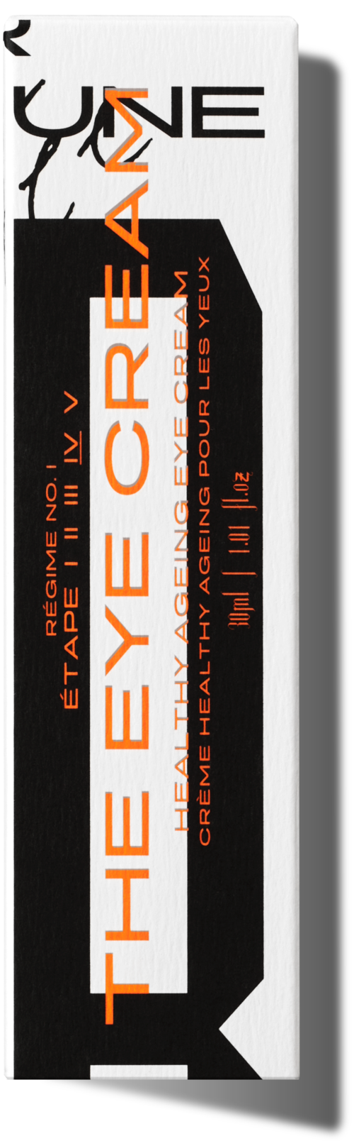 Eine weiße Schachtel mit schwarzen und orangefarbenen Texten, fördert die Augenpflege und Augengesundheit. Es scheint eine Produktverpackung zu sein.