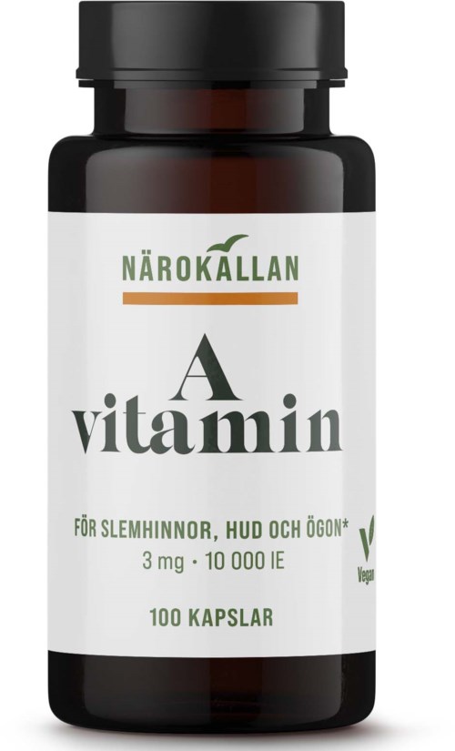 Flaske med vitamin A-tilskudd for hud, øyne og hår, i en svart beholder med hvit etikett.