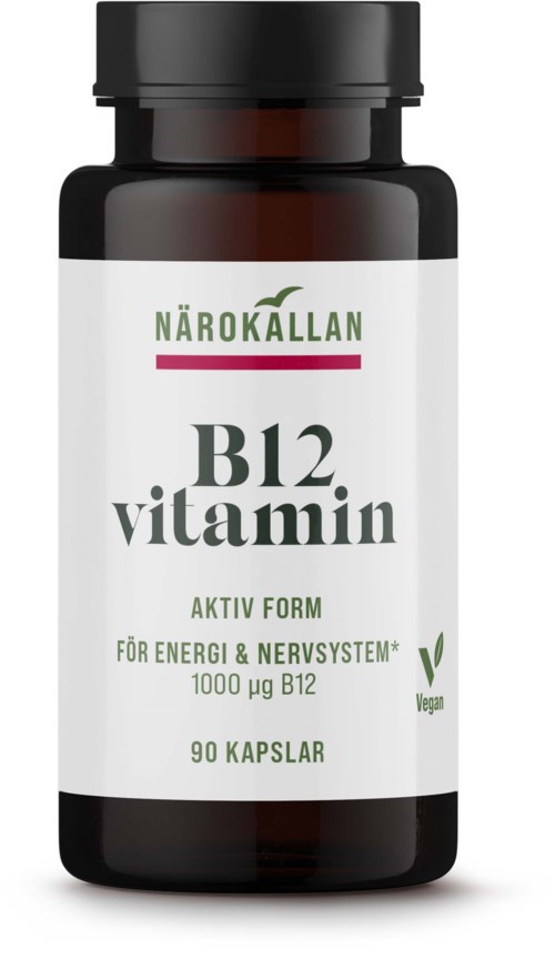 Ett kosttillskott med B12-vitamin i 90 kapslar, för energi och nervstöd, veganskt.